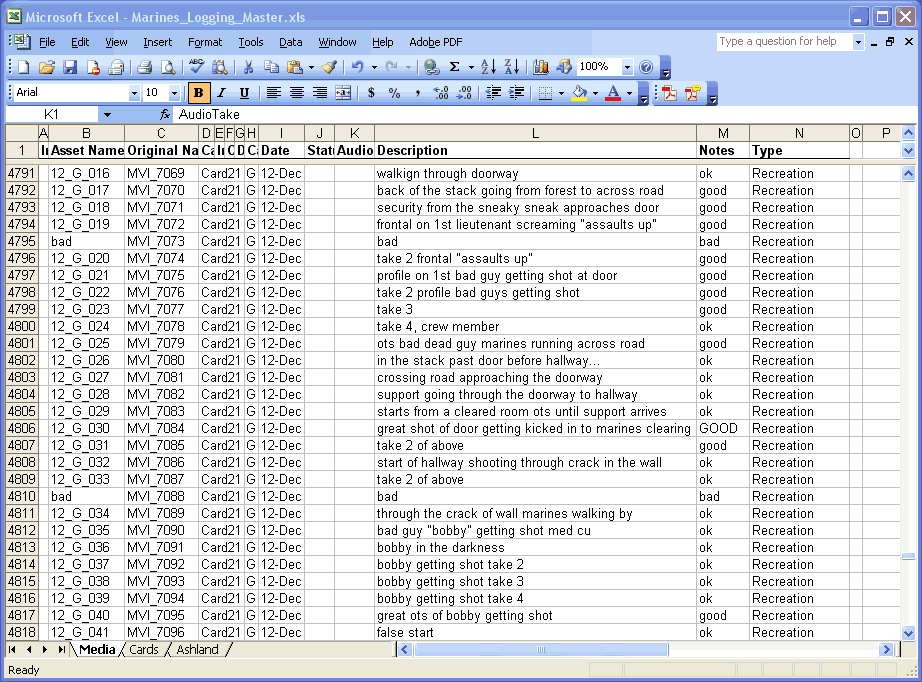 Footage Log in Excel (Click for larger images) Excel