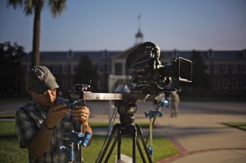 Elite Team member Marc Margulies stabilizes the Cine-Slider to be able to handle the Arri III 