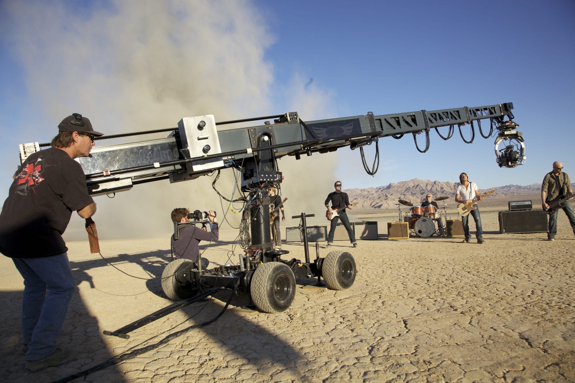 Operating camera on crane on set of music video