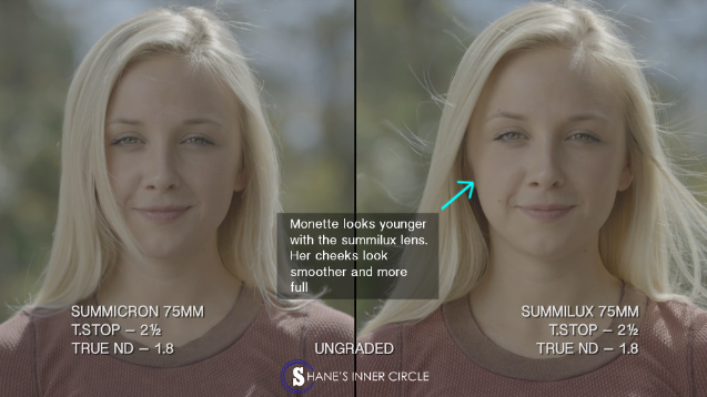 Monette’s face looks younger with the Summilux. Note her face looks more full and wider. Because of the glass being engineered to be more flat, her face is wider than with the Summicron.