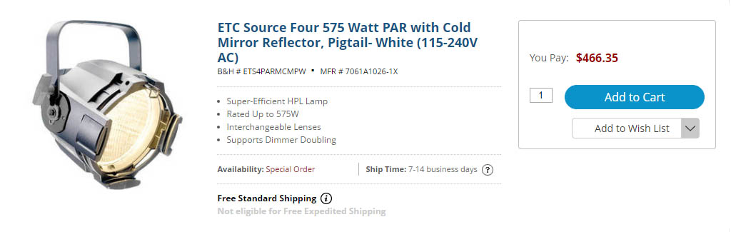 ETC Source Four 575 Watt PAR with Cold Mirror Reflector, Pigtail- White (115-240V AC)