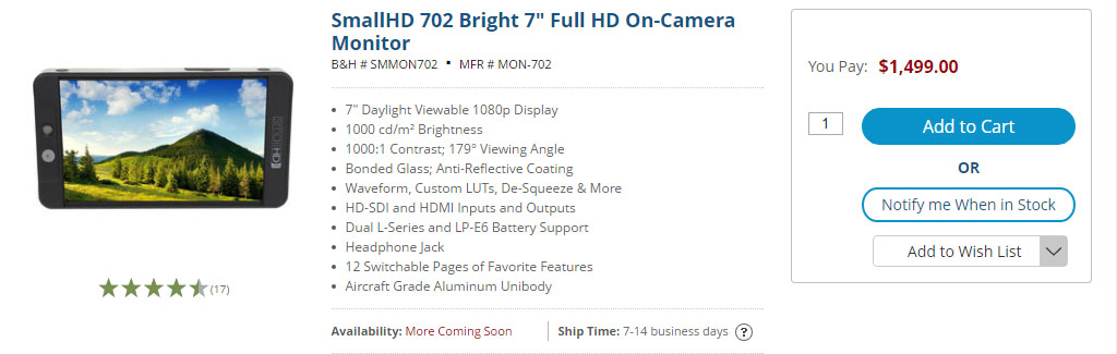 smallhd 702 bright 7" full hd on-camera monitor