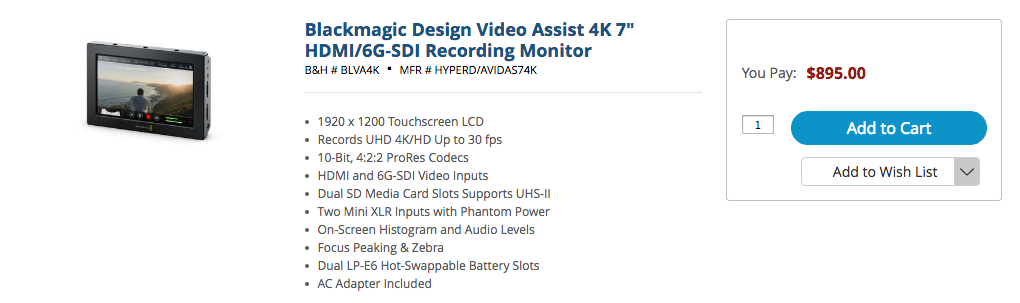 blackmagic design Video Assist 4K 7" HDMI/6G-SDI Recording Monitor