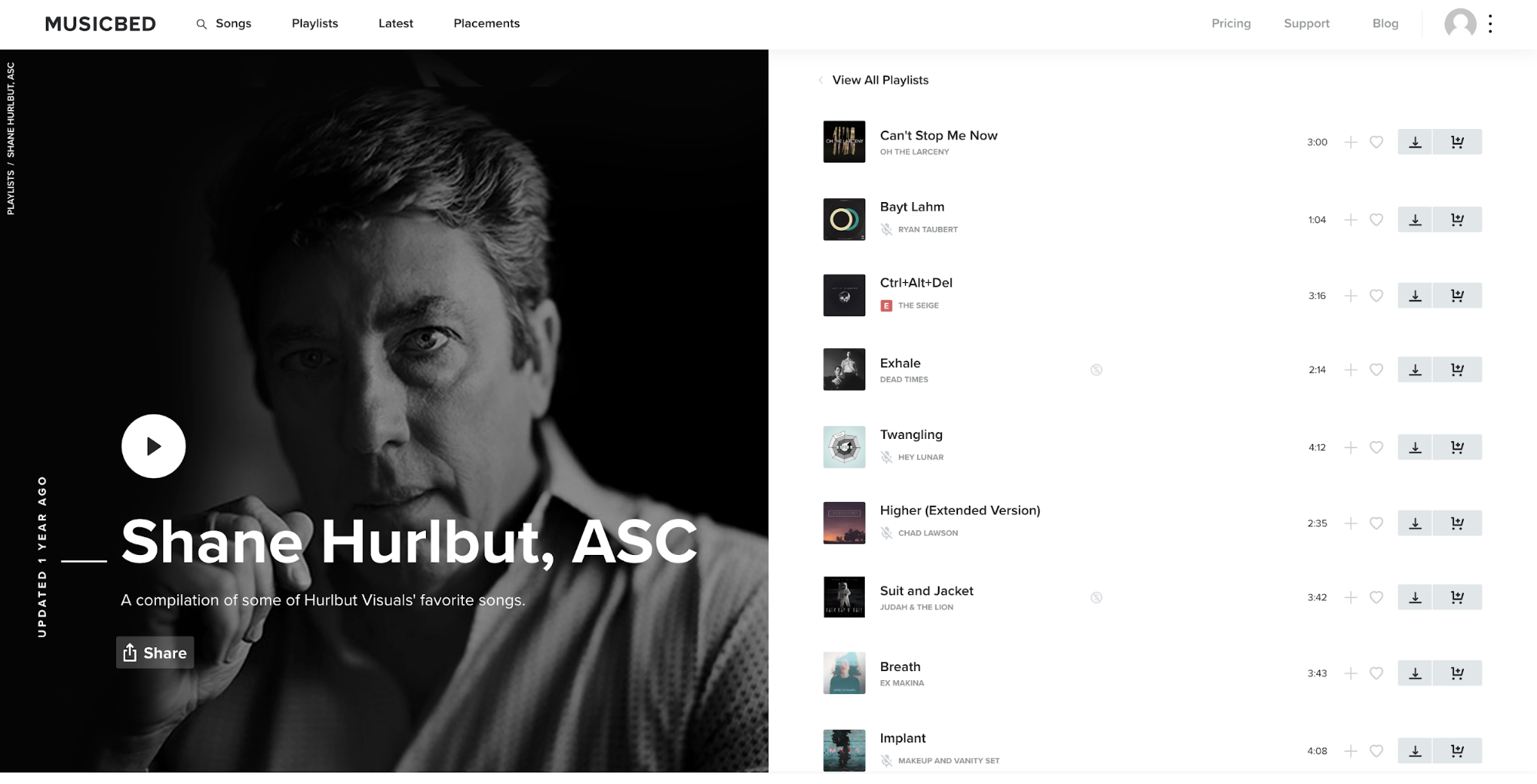 Artist playlist for Shane Hurlbut on Musicbed