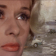 Close up of Tippi Hedrin in the foreground and the birds in the background in The Birds - Hitchcock's Rule