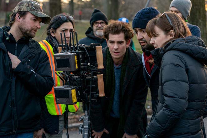 TICK, TICK…BOOM! (L-R) Andrew Garfield, Director Lin-Manuel Miranda and Director of Photography Alice Brooks. Photo Credit: Macall Polay/NETFLIX ©2021.