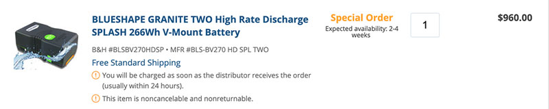 Blueshape Granite Two High Rate Discharge Splash 266Wh V-Mount Battery