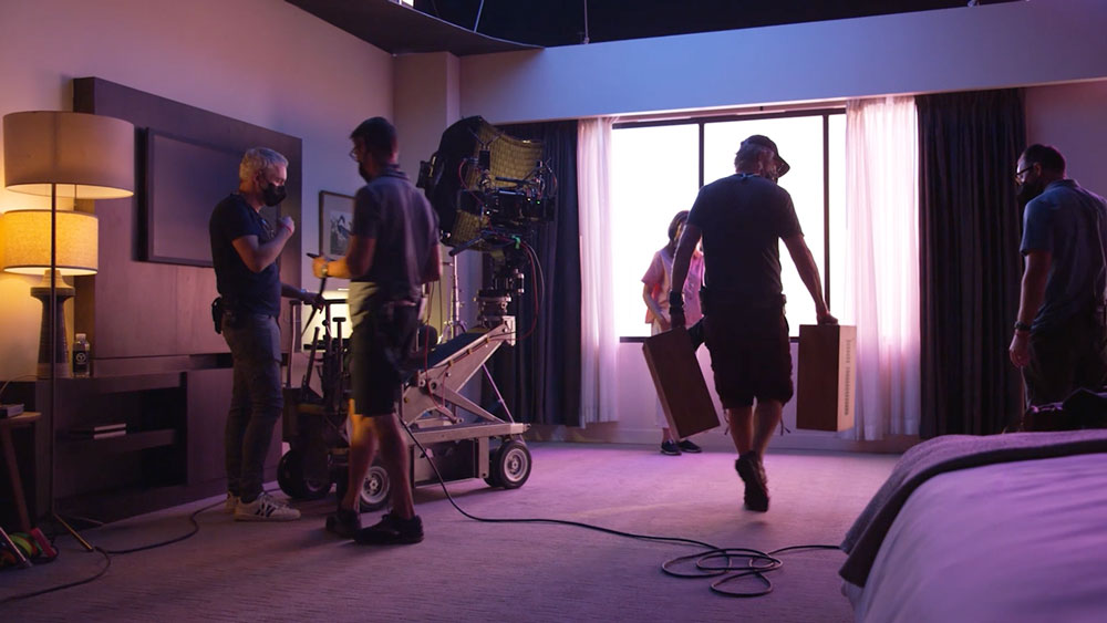 filmmakers on a commercial set for a TV spot