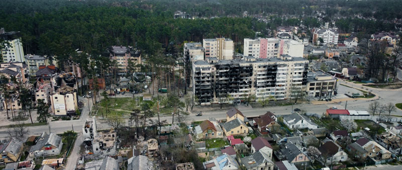 Destroyed buildings in Ukraine in Wounded Land film