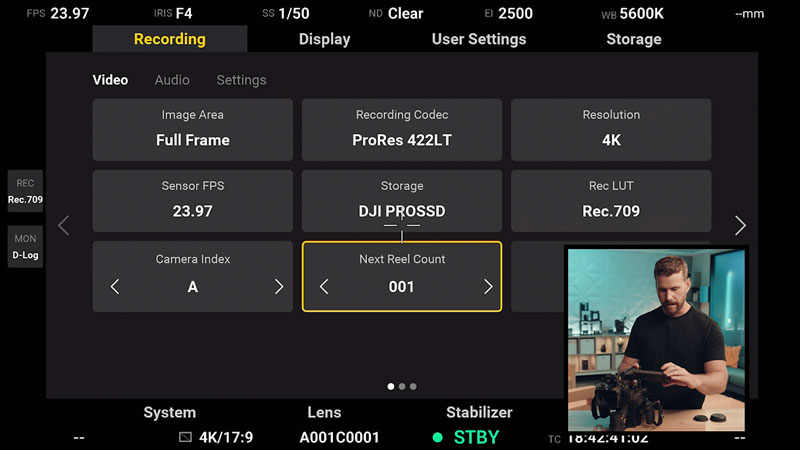 DJI Ronin 4D Recording Submenu