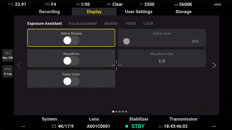 DJI Ronin 4D Display Submenu