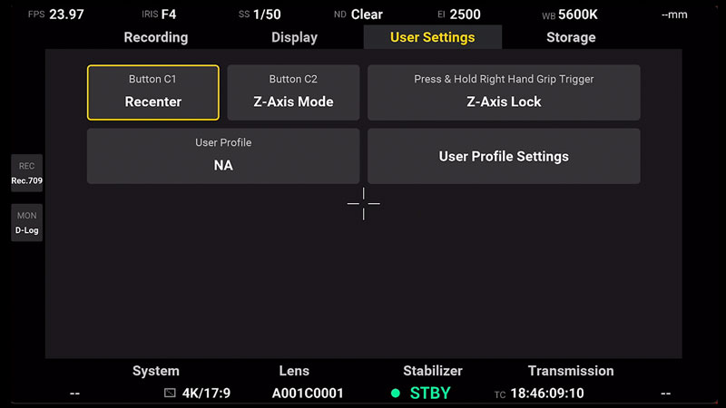 DJI Ronin 4D User Settings Submenu