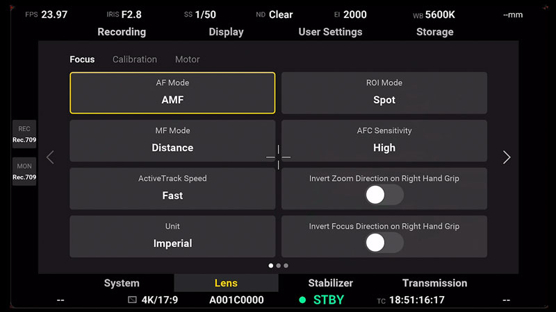 DJI Ronin 4D Lens Submenu
