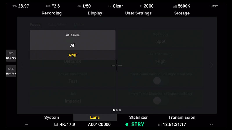 DJI Ronin 4D Lens Submenu AF Mode