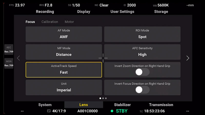 DJI Ronin 4D Lens Submenu