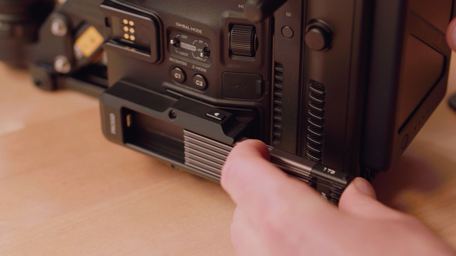 Jason Robbins inserts the 1 Terabyte DJI PROSSD into the Ronin 4D channel
