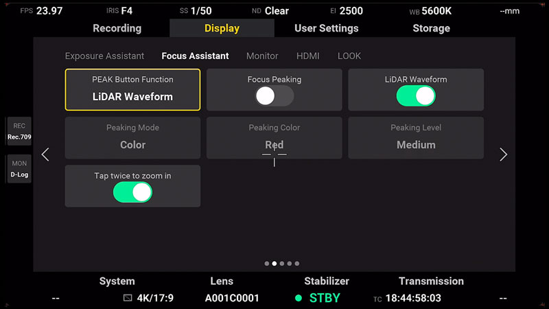 DJI Ronin 4D Display Submenu Focus Assistant
