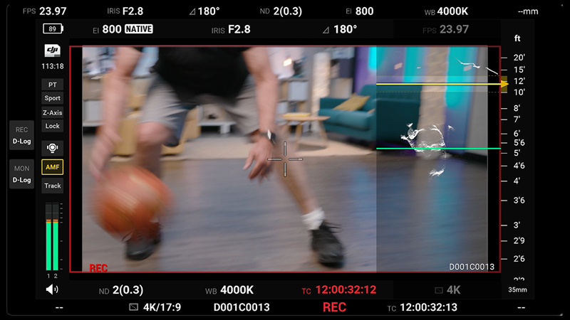 DJI Ronin 4D Sport mode set to 24 fps at 180-degree shutter speed