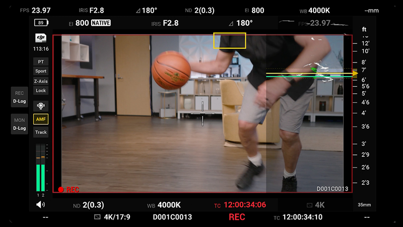 DJI Ronin 4D Sport mode set to 24 fps at 180-degree shutter speed