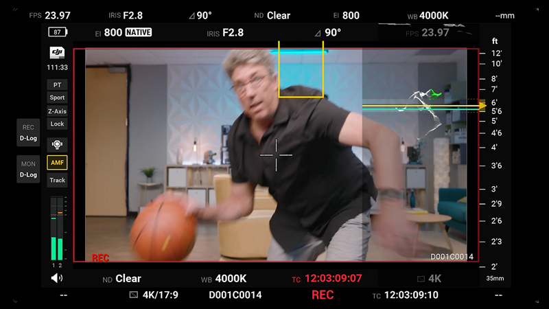 DJI Ronin 4D Sport mode set to 24 fps at 90-degree shutter speed
