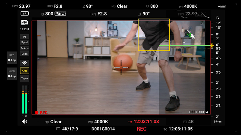 DJI Ronin 4D Sport mode set to 24 fps at 90-degree shutter speed