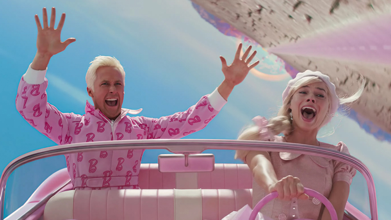 Barbie and Ken flipping pink car in movie