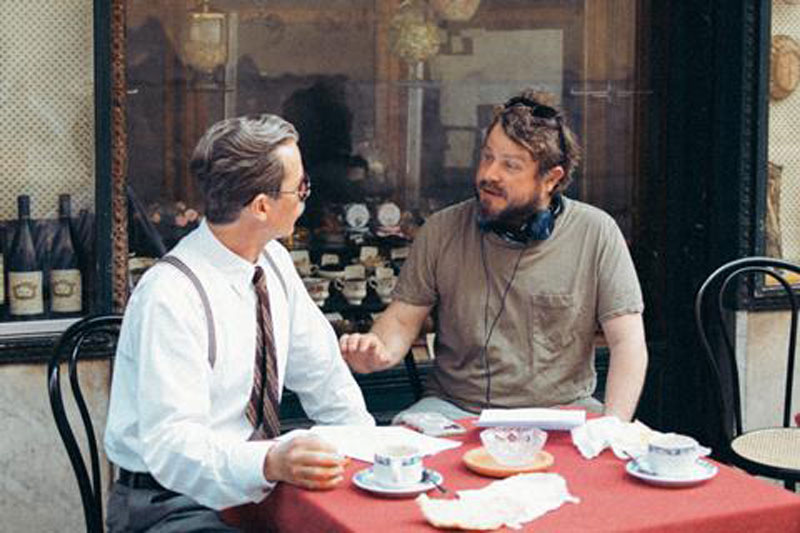 Brady Corbet directing Guy Pierce behind the scene of The Brutalist film
