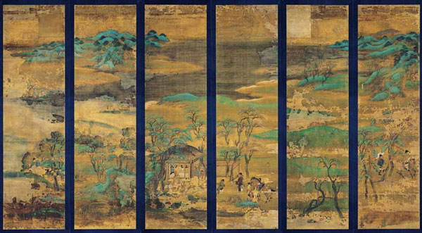 The use of the color blue in Senzui Byobu, Landscape (11th century)