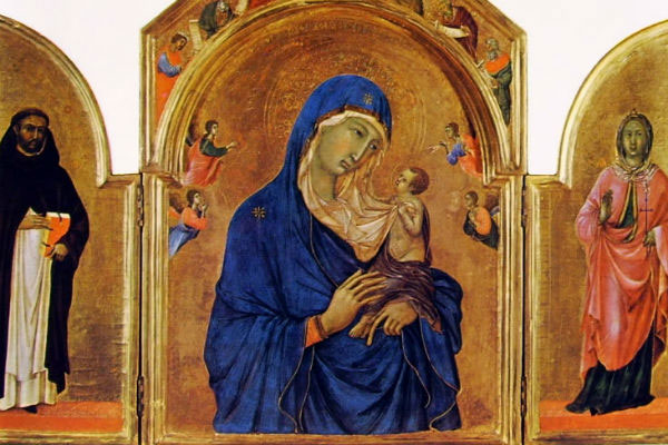 The use of the color blue in The Virgin with Child and Saints by Duccio Boninsegna (c. 1315 CE)