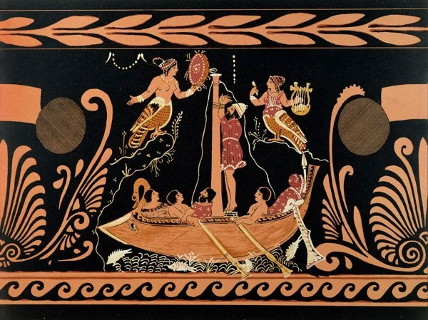 Ulysses and the Sirens from antique Greek vase