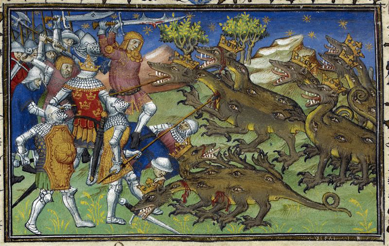 Medieval painting of Alexander the Great fighting green dragons