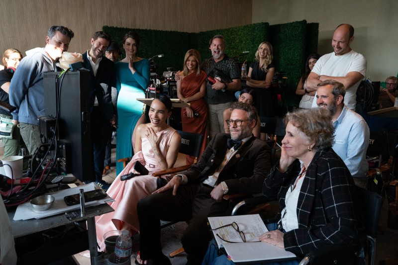 Seth Rogan viewing footage with production - Behind The Scenes of The Studio | Apple TV+