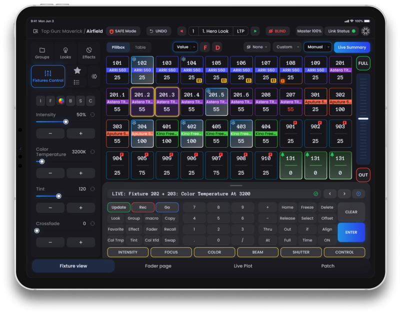 Blackout LivePlot features on iPad
