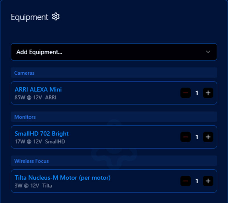 CinePower Calculator Equipment List Section