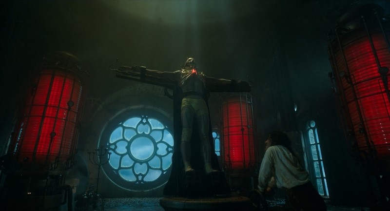 Blood red battery towers in Frankenstein lab