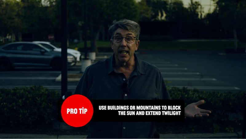 Pro Tip: Use buildings, mountains and trees to extend twilight magic hour (dusk)