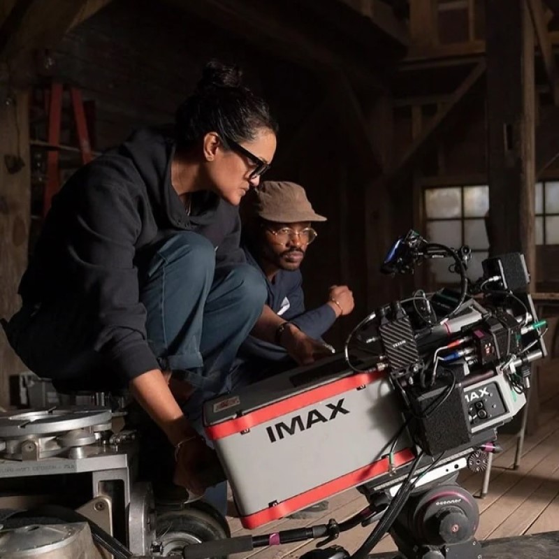 Cinematographer Autumn Durald Arkapaw with IMAX camera on set of Sinners