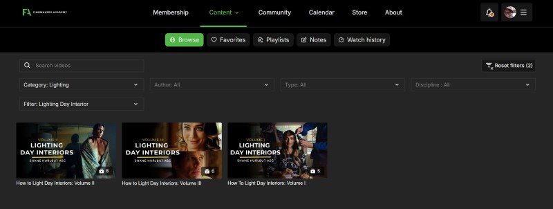 Filmmakers Academy Platform filtering system
